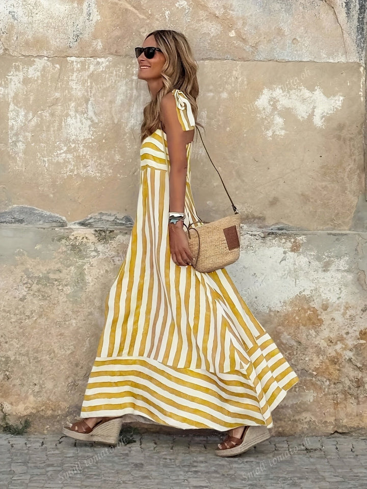 Luisa | Damen Gestreiftes Maxi-Kleid mit Bindenden Spaghettiträgern