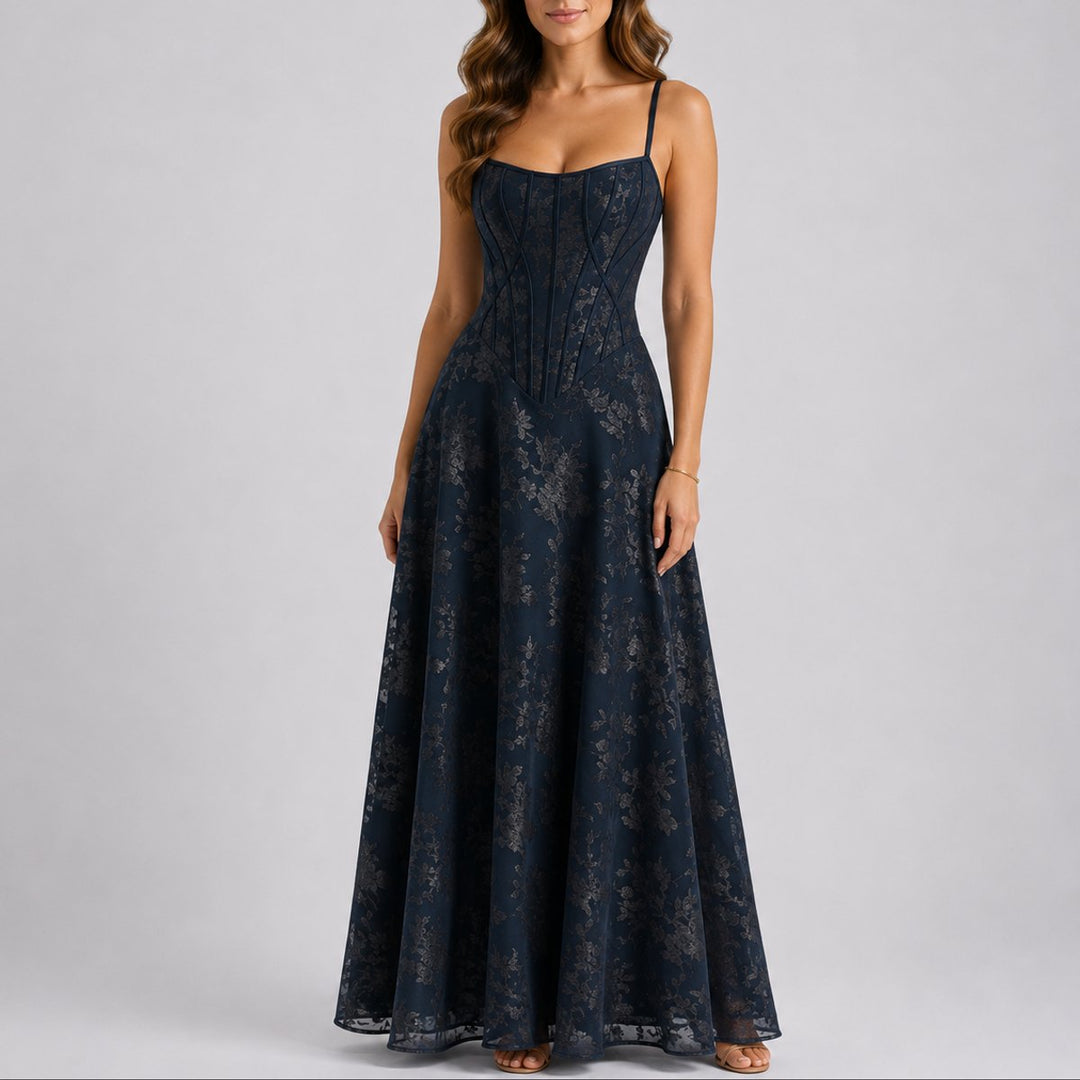 Marlene | Damen Herbst Hochzeitsgast Maxi Kleid Blumen Korsett Träger