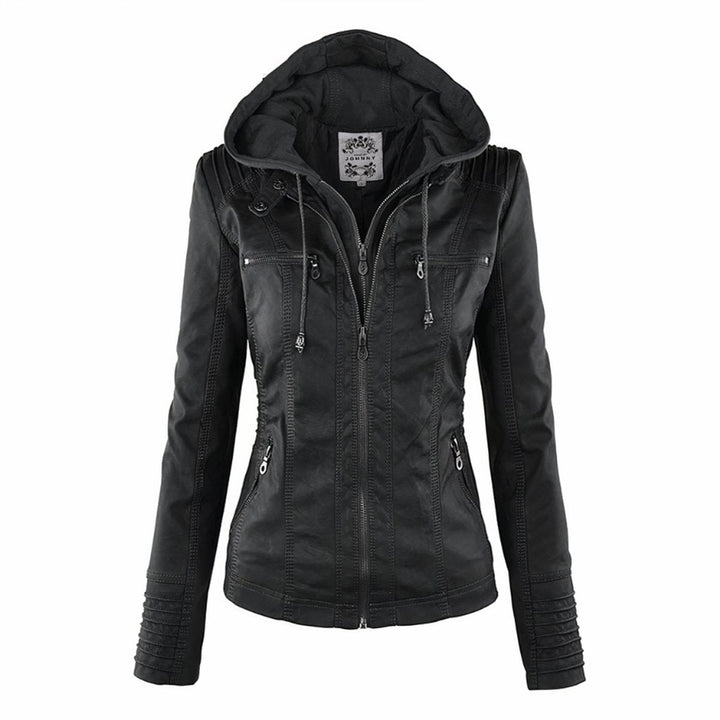 Katharina | Damen Kunstleder Bikerjacke mit Abnehmbarer Kapuze Reißverschluss