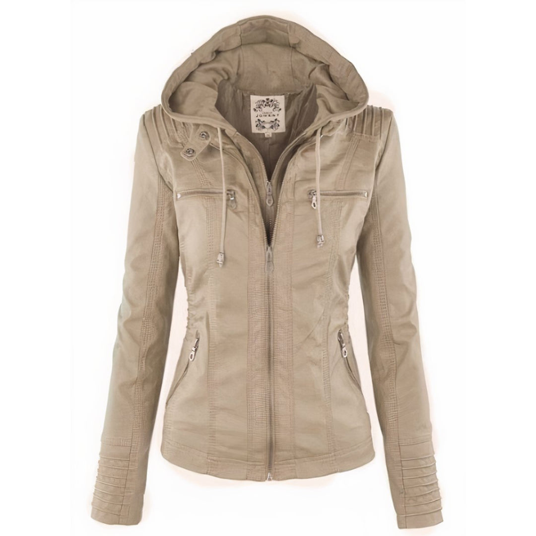 Katharina | Damen Kunstleder Bikerjacke mit Abnehmbarer Kapuze Reißverschluss