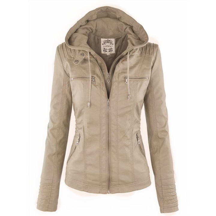 Katharina | Damen Kunstleder Bikerjacke mit Abnehmbarer Kapuze Reißverschluss