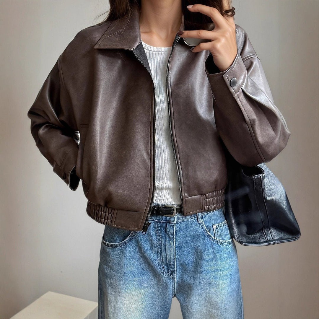 Amelie | Damen Kunstleder Bomberjacke mit elastischem Bund und Reißverschluss