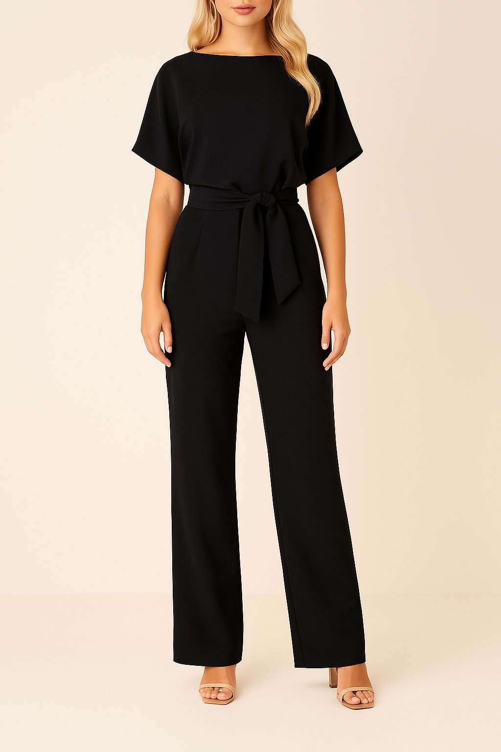 Greta | Damen Kurzarm Bindegürtel Weites-Bein Jumpsuit