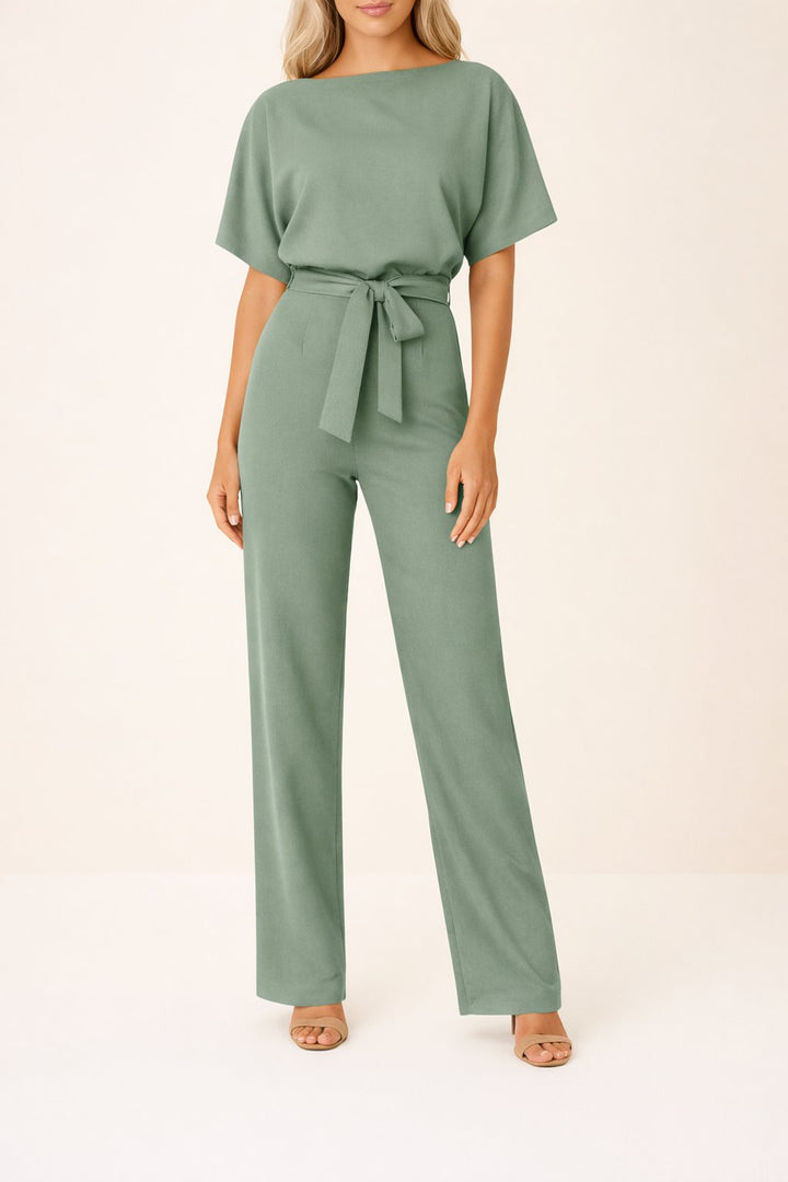 Greta | Damen Kurzarm Bindegürtel Weites-Bein Jumpsuit