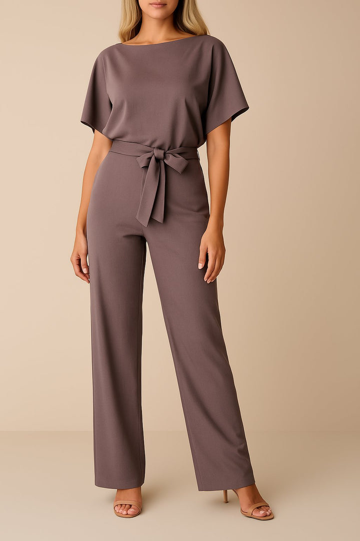 Greta | Damen Kurzarm Bindegürtel Weites-Bein Jumpsuit