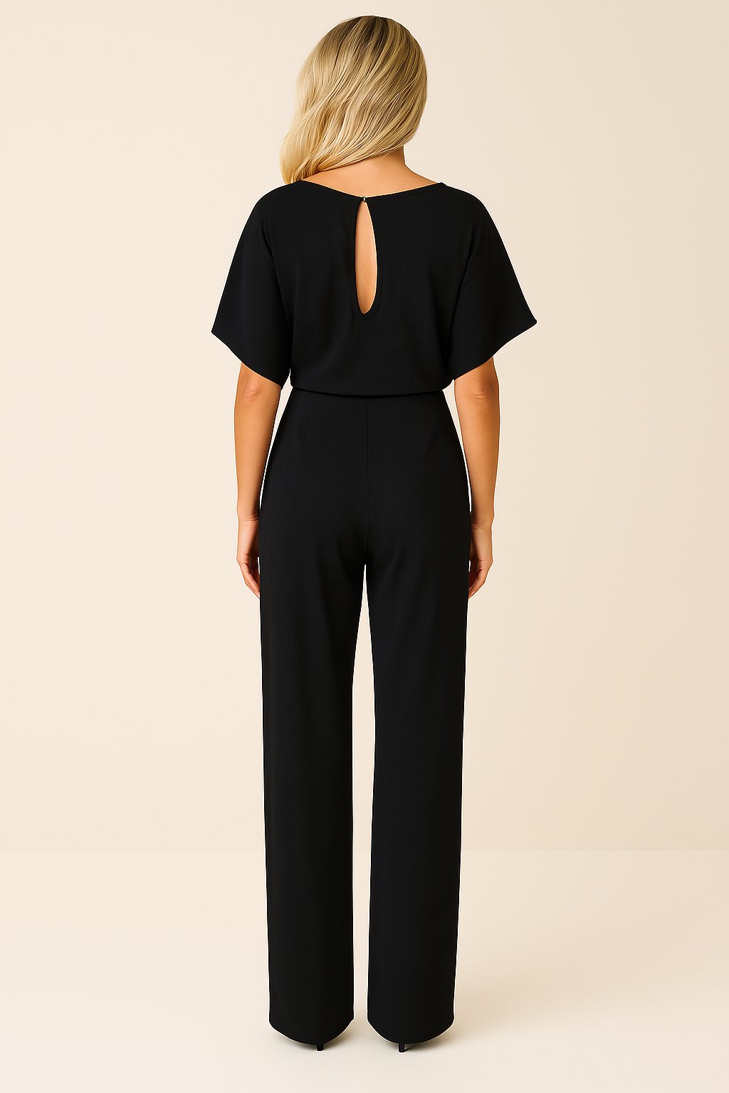 Greta | Damen Kurzarm Bindegürtel Weites-Bein Jumpsuit