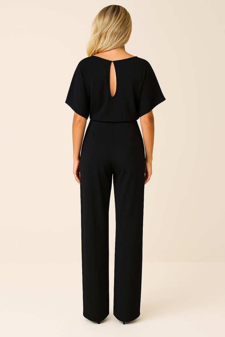 Greta | Damen Kurzarm Bindegürtel Weites-Bein Jumpsuit