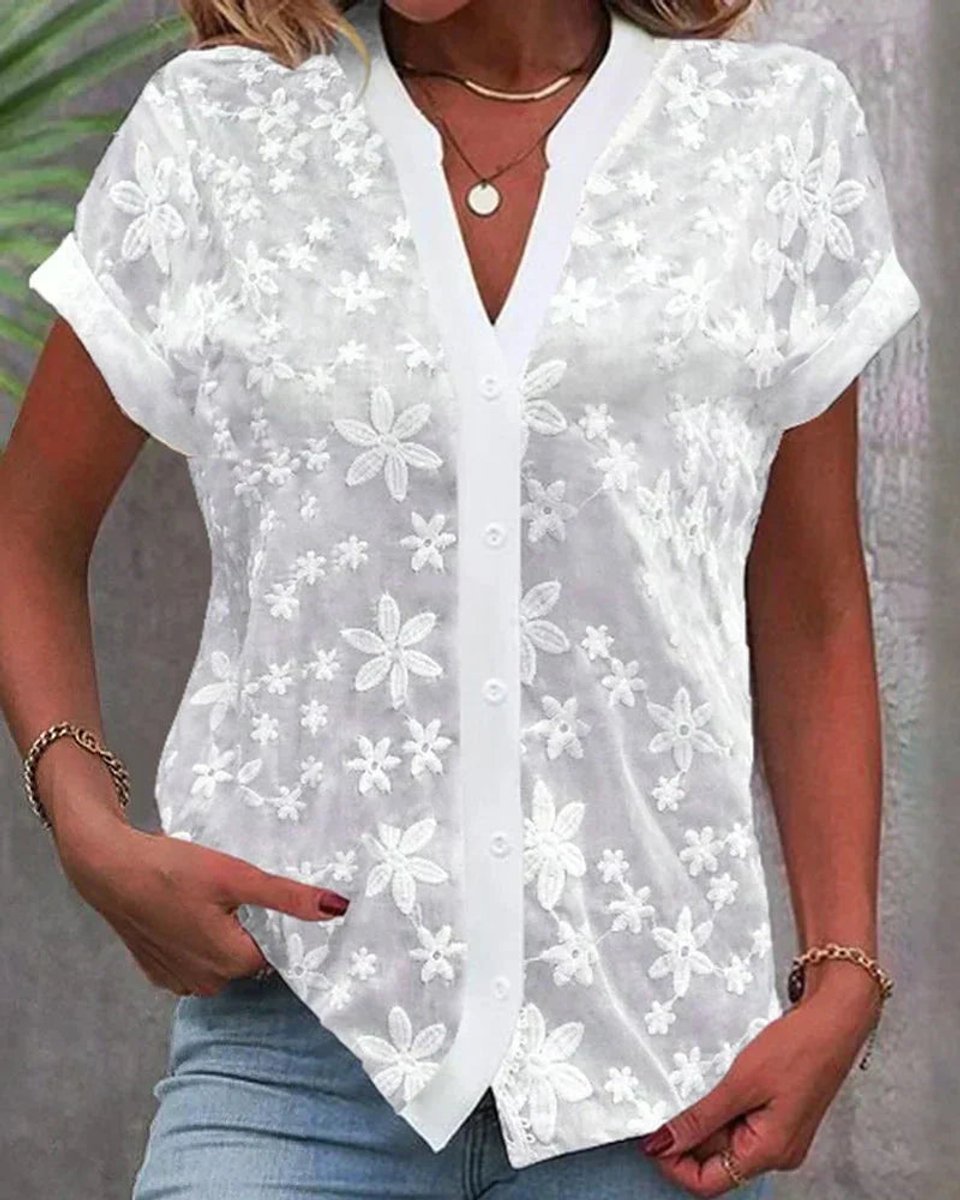 Mia | Damen Kurzarm Blumenspitzen-Bluse mit V-Ausschnitt Knopfleiste