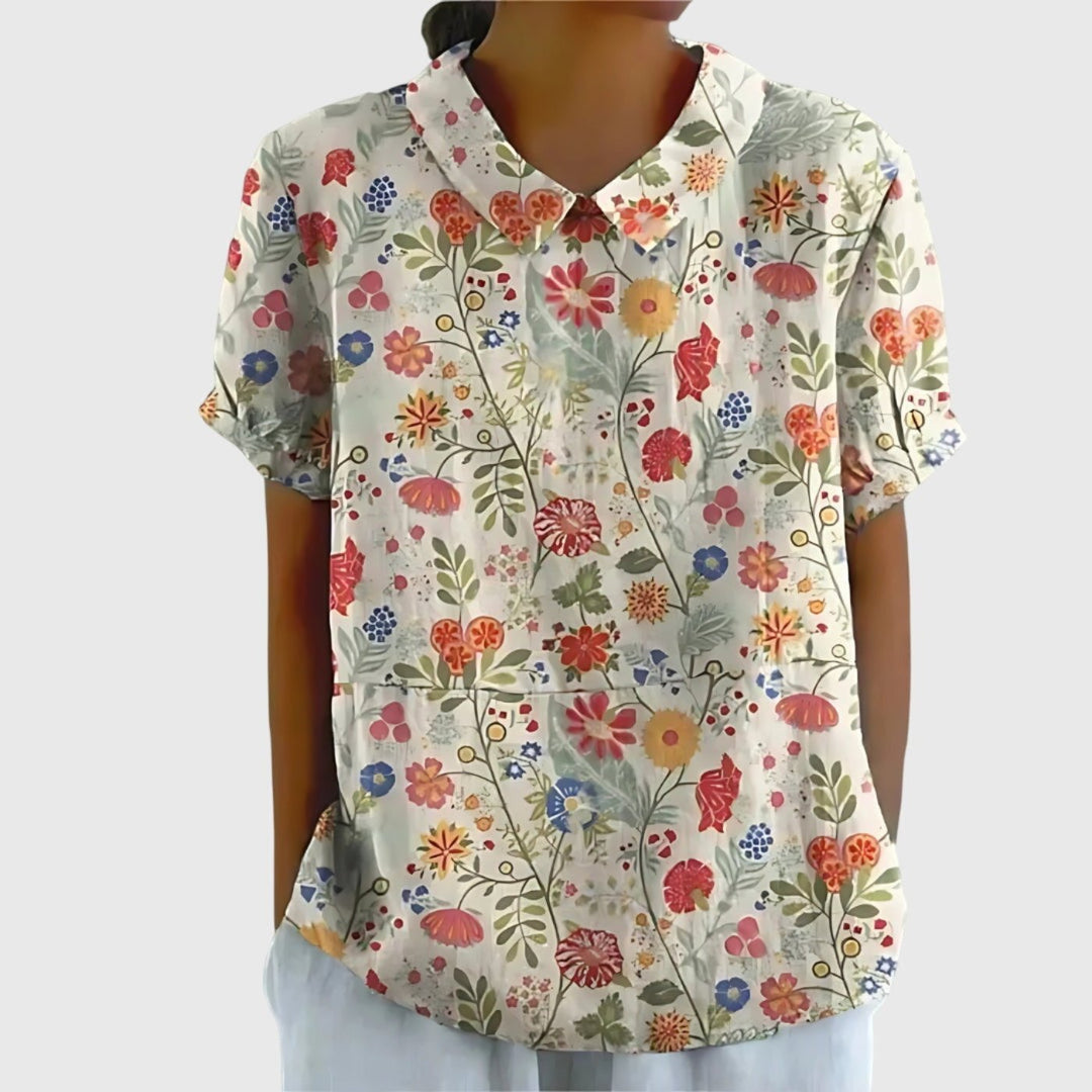 Katharina | Damen Kurzarm-Bluse aus Leinen mit Blumendruck und Peter-Pan-Kragen