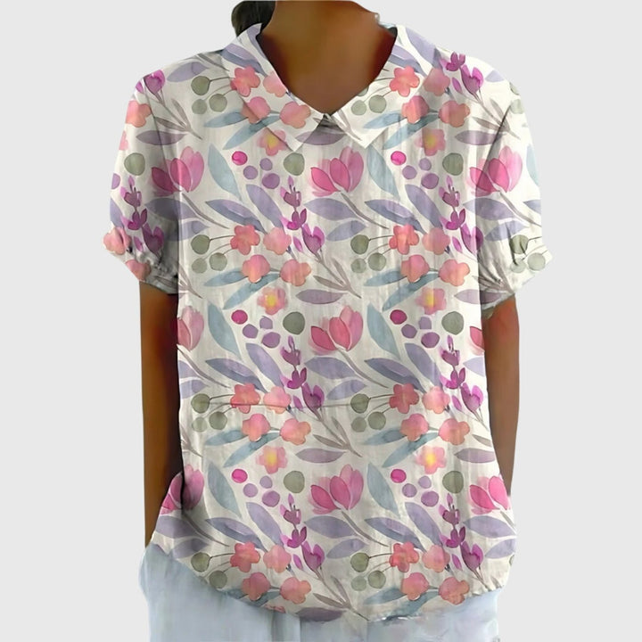 Katharina | Damen Kurzarm-Bluse aus Leinen mit Blumendruck und Peter-Pan-Kragen