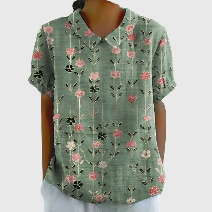 Katharina | Damen Kurzarm-Bluse aus Leinen mit Blumendruck und Peter-Pan-Kragen