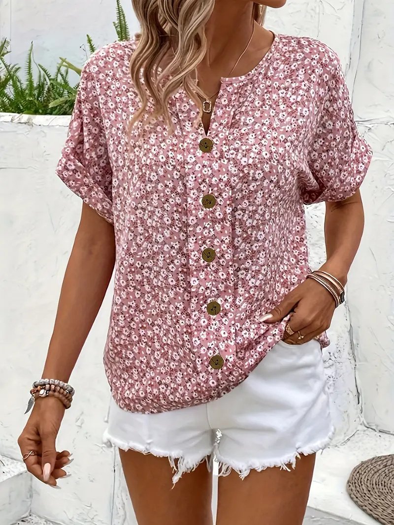 Charlotte | Damen Kurzarm-Bluse mit Blumendruck und Knopfleiste aus Baumwolle