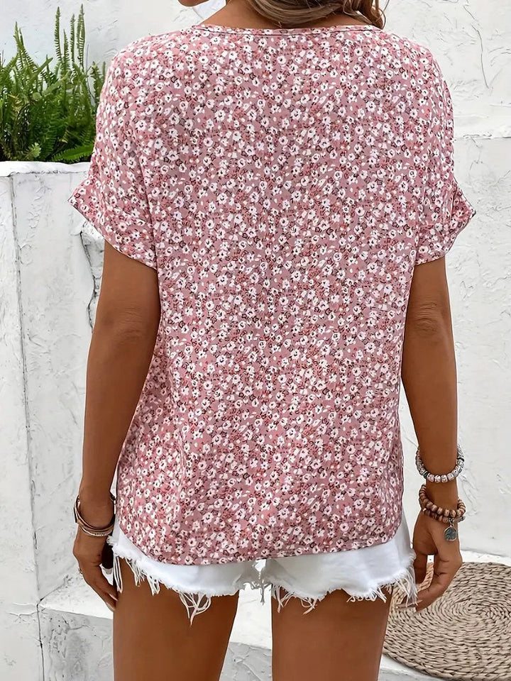Charlotte | Damen Kurzarm-Bluse mit Blumendruck und Knopfleiste aus Baumwolle