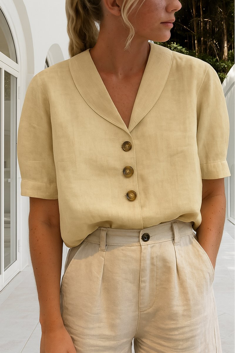 Marlene | Damen Kurzarm-Bluse mit Knopfleiste Reverskragen Relaxed Fit