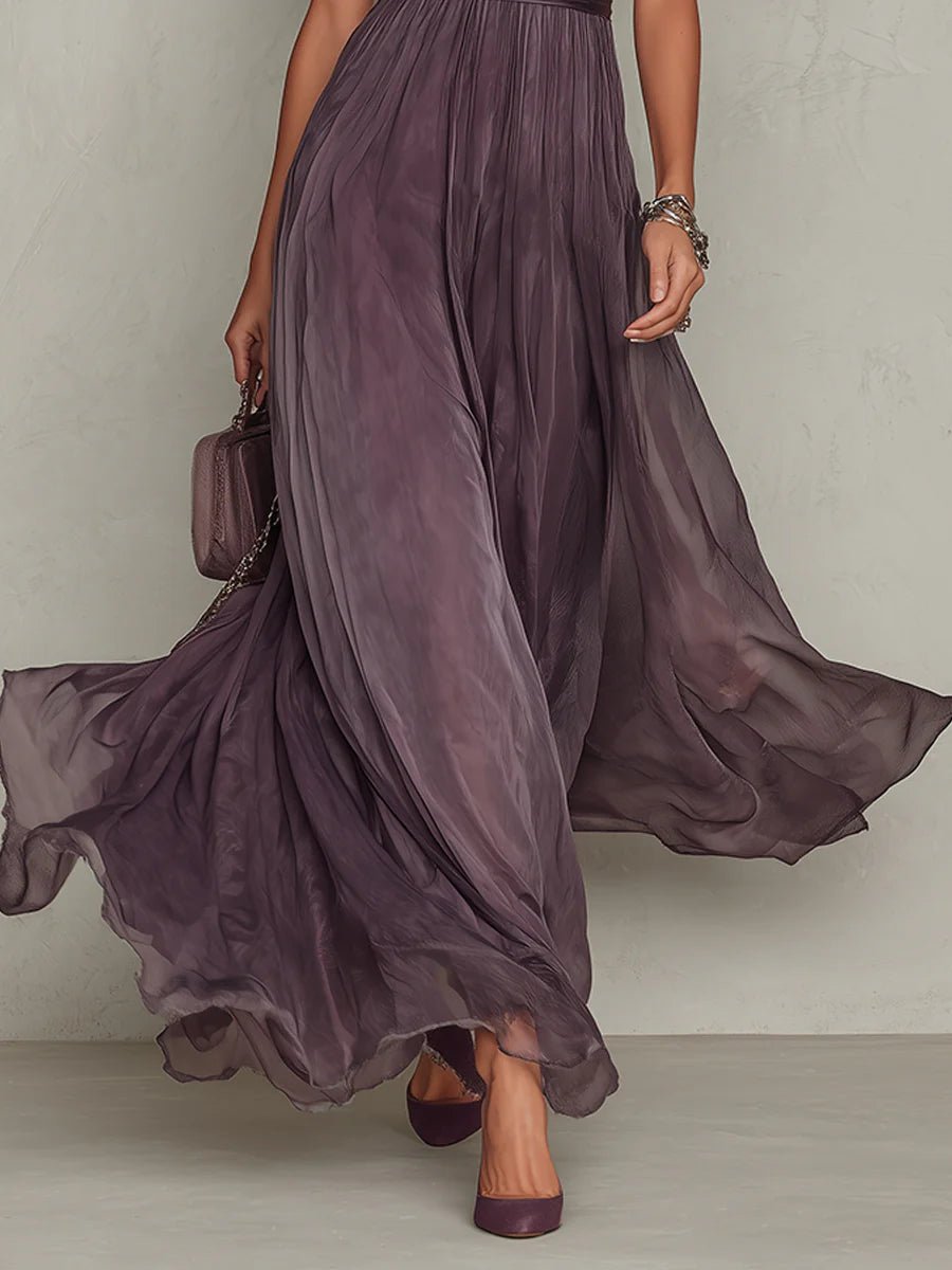 Clara | Damen Kurzarm Keyhole Maxi-Kleid mit fließendem Chiffon-Rock