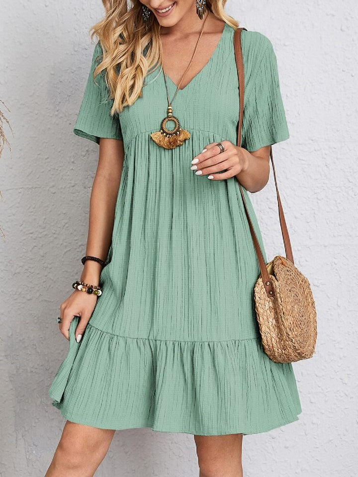 Charlotte | Damen Kurzarm V-Ausschnitt Gerafftes Babydoll Sommerkleid