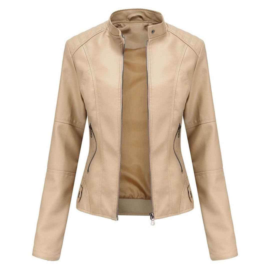 Katharina | Damen Kurze Taillierte Kunstleder Bikerjacke mit Reißverschluss