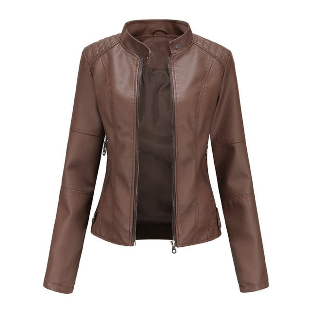 Katharina | Damen Kurze Taillierte Kunstleder Bikerjacke mit Reißverschluss