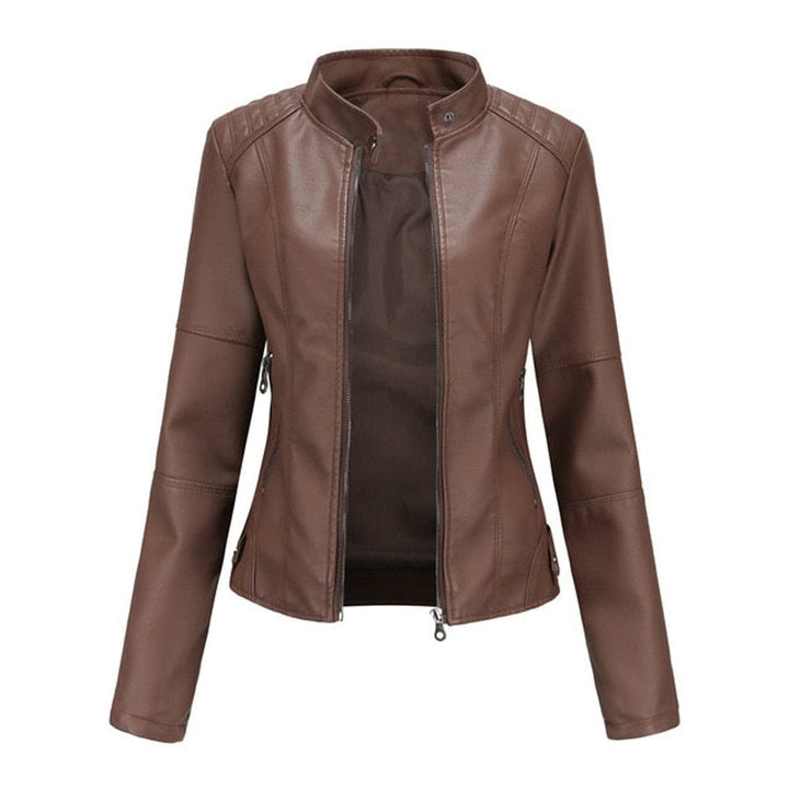 Katharina | Damen Kurze Taillierte Kunstleder Bikerjacke mit Reißverschluss