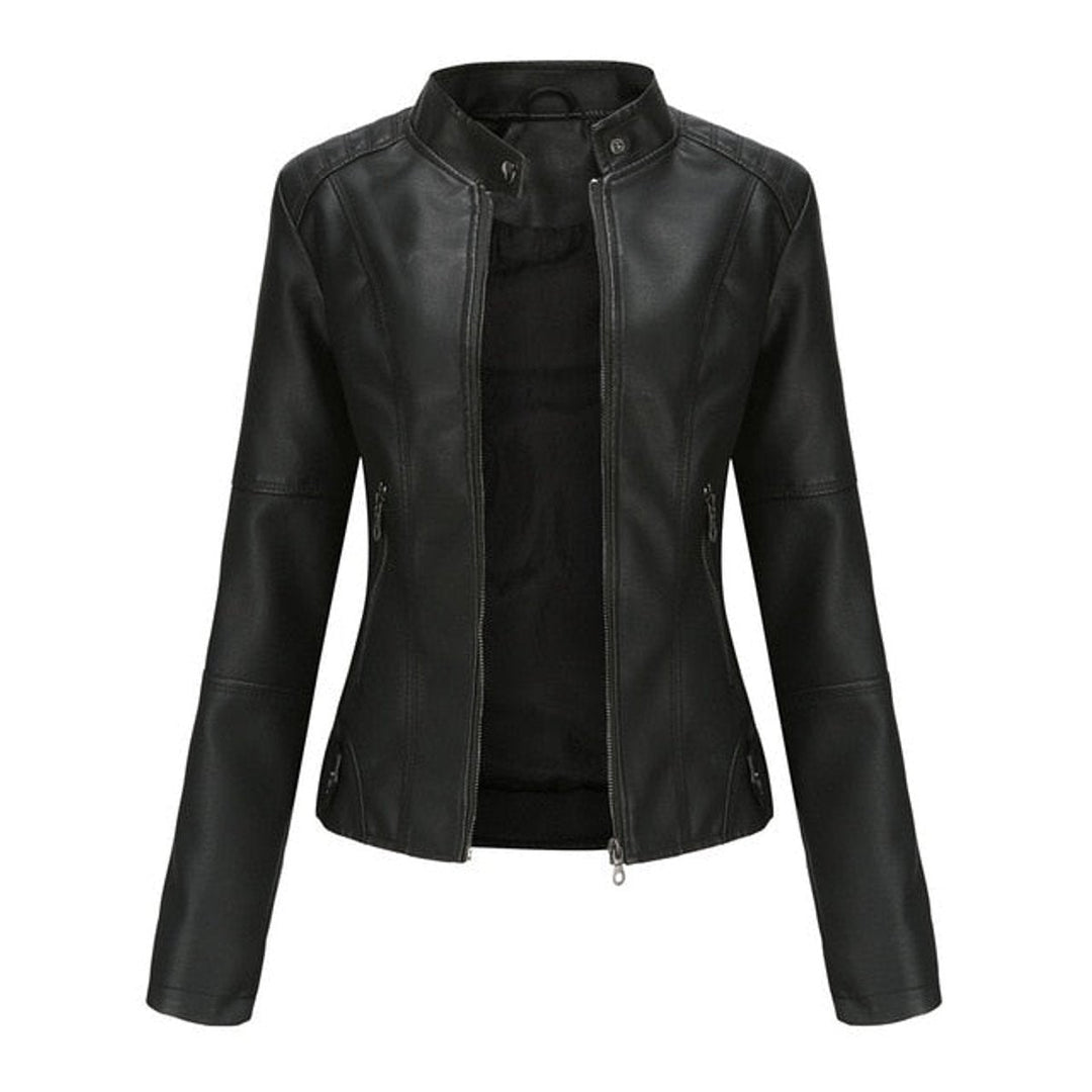 Katharina | Damen Kurze Taillierte Kunstleder Bikerjacke mit Reißverschluss
