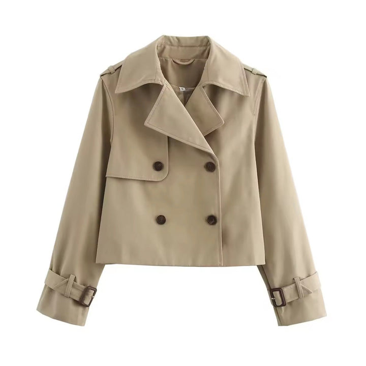Charlotte | Damen Kurzer Doppelreihiger Trench Coat mit Schnallenärmeln