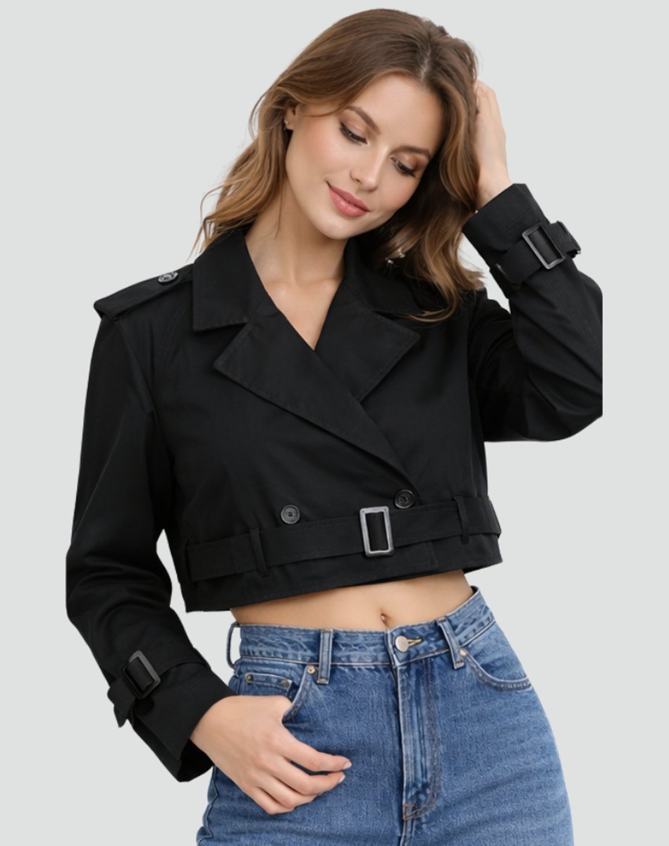 Amelie | Damen Kurzer Taillierter Trench Coat Doppelreihig Gürteljacke