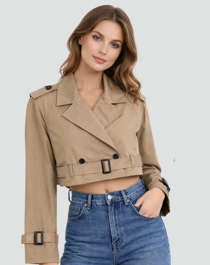 Amelie | Damen Kurzer Taillierter Trench Coat Doppelreihig Gürteljacke