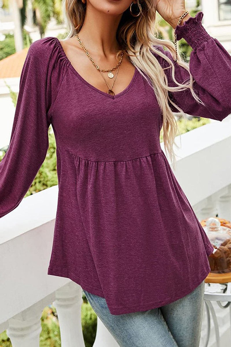 Mia | Damen Langarm Babydoll-Tunika mit V-Ausschnitt geraffter Taille