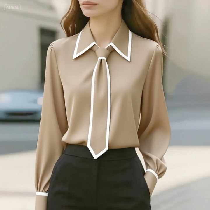 Frieda | Damen Langarm-Bluse mit Krawatten-Detail Kontrastkragen Knopfleiste