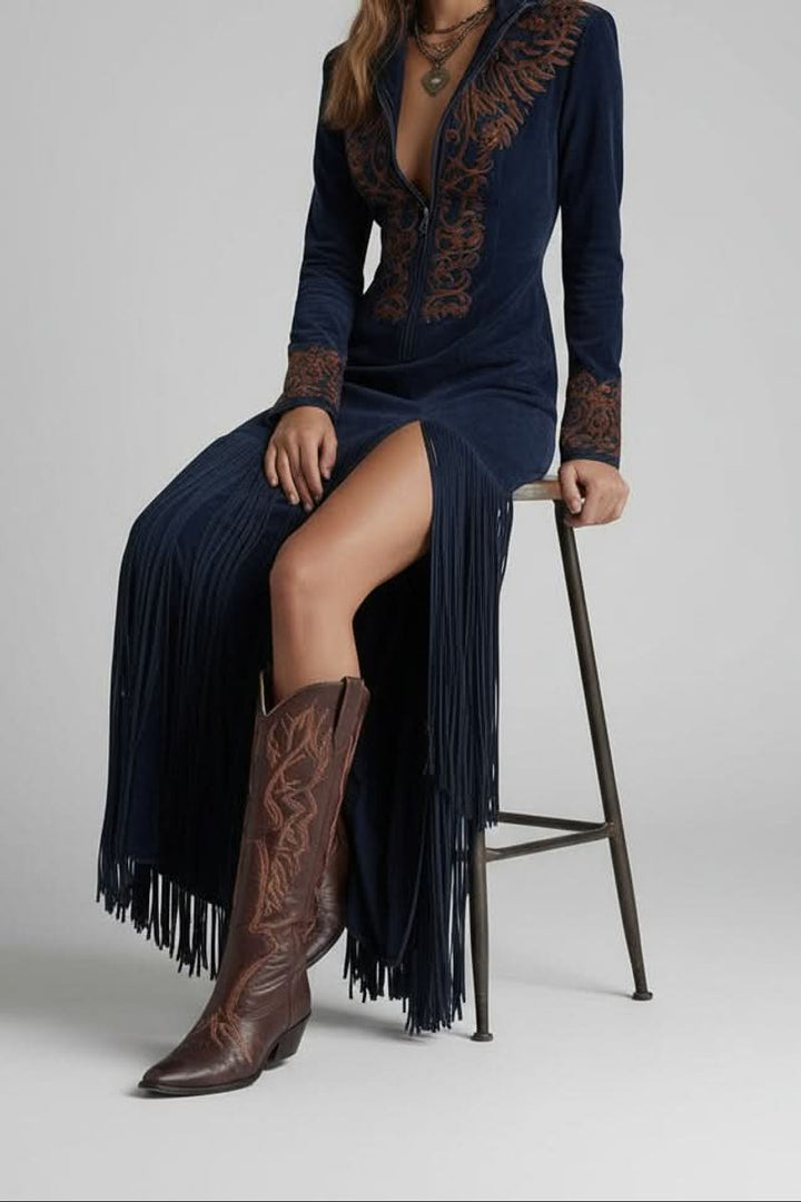 Katharina | Damen Langarm Maxi-Kleid mit Fransen und Western-Stickerei