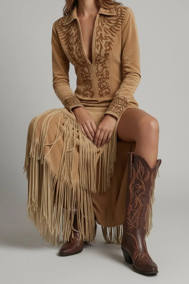 Katharina | Damen Langarm Maxi-Kleid mit Fransen und Western-Stickerei