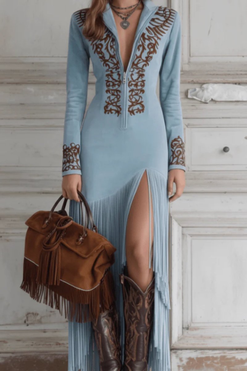 Katharina | Damen Langarm Maxi-Kleid mit Fransen und Western-Stickerei
