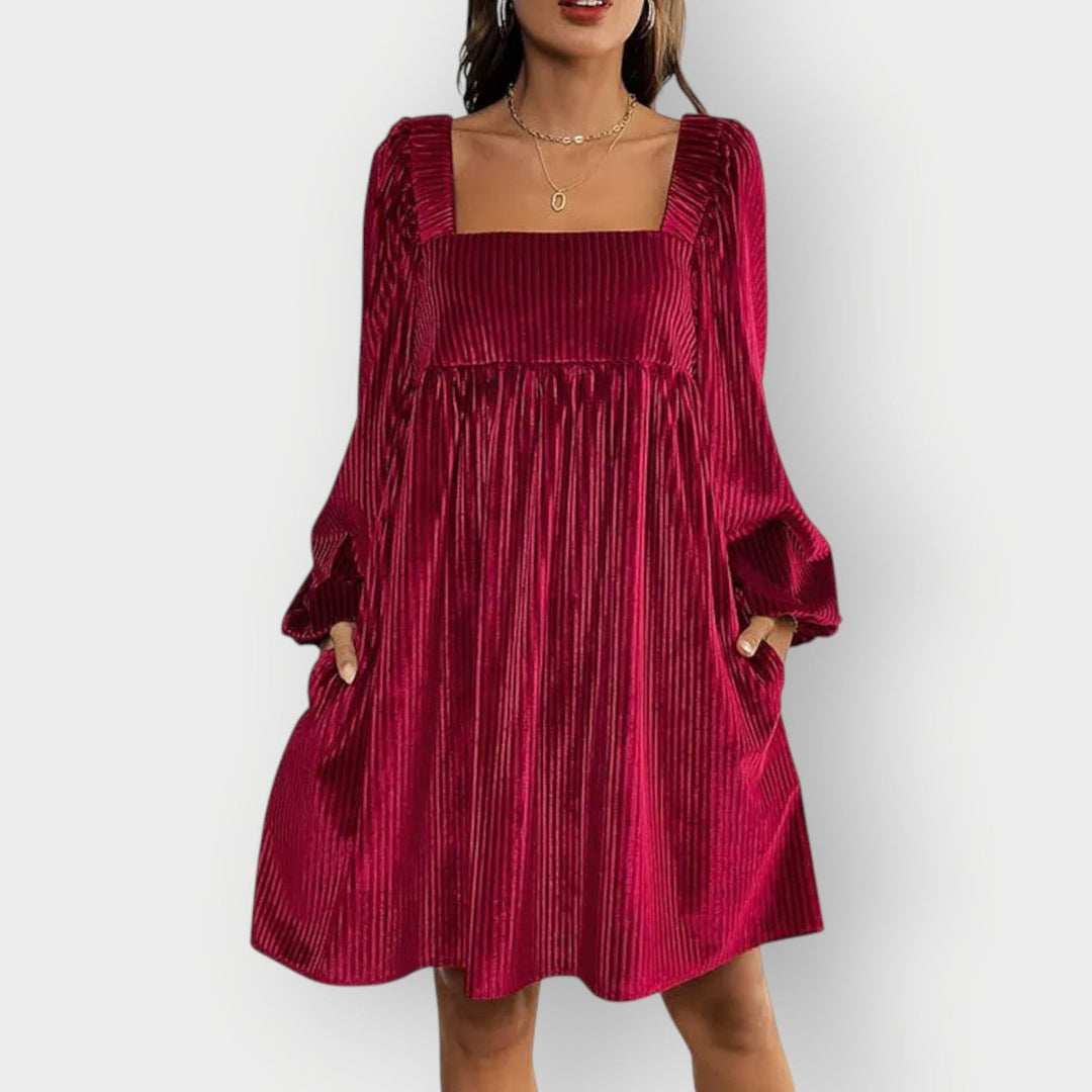 Sophie | Damen Langarm Plissee Samtkleid Eckausschnitt Elegantes Formal Dress