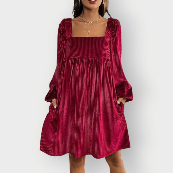 Sophie | Damen Langarm Plissee Samtkleid Eckausschnitt Elegantes Formal Dress