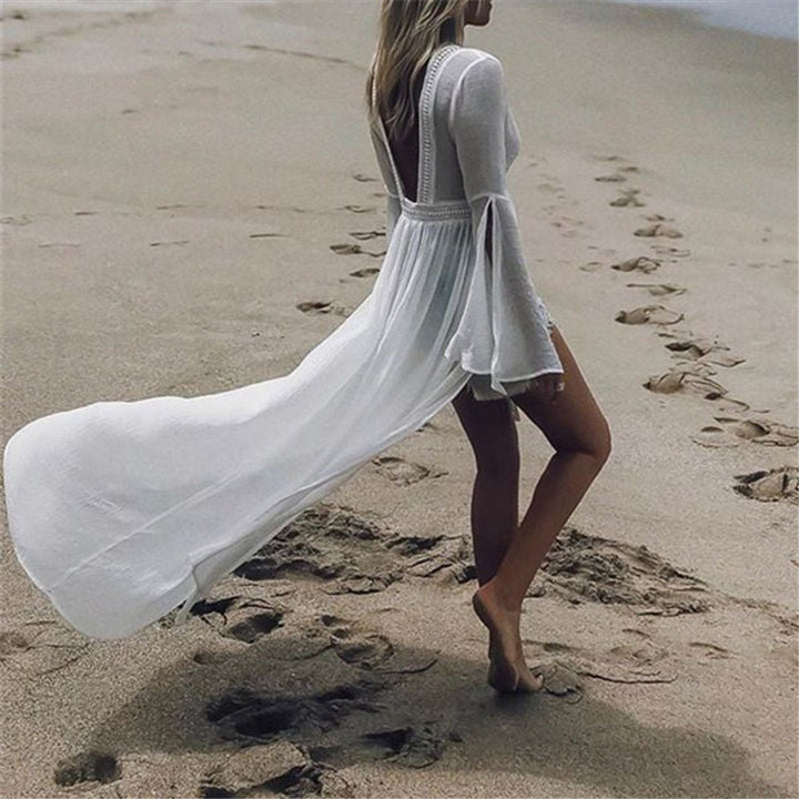 Marlene | Damen Langarm Rückenfreie Maxi-Tunika Strandkleid