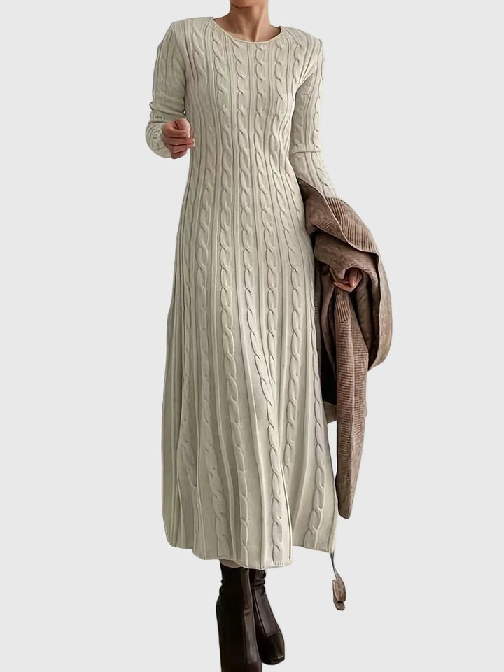 Greta | Damen Langarm Zopfmuster Strick Maxikleid