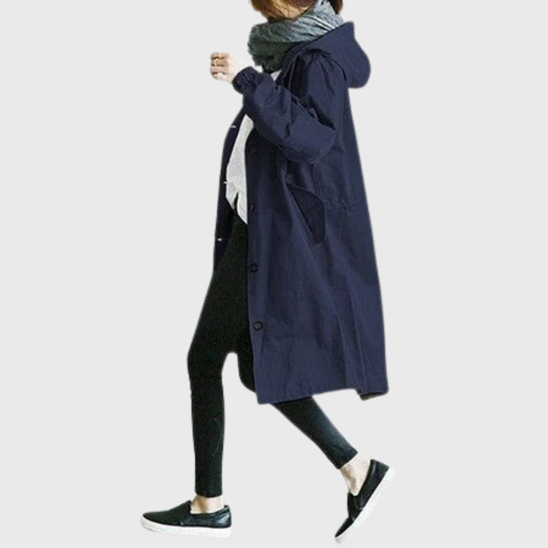 Clara | Damen Langer Wasserabweisender Kapuzen-Trenchcoat Weite Passform