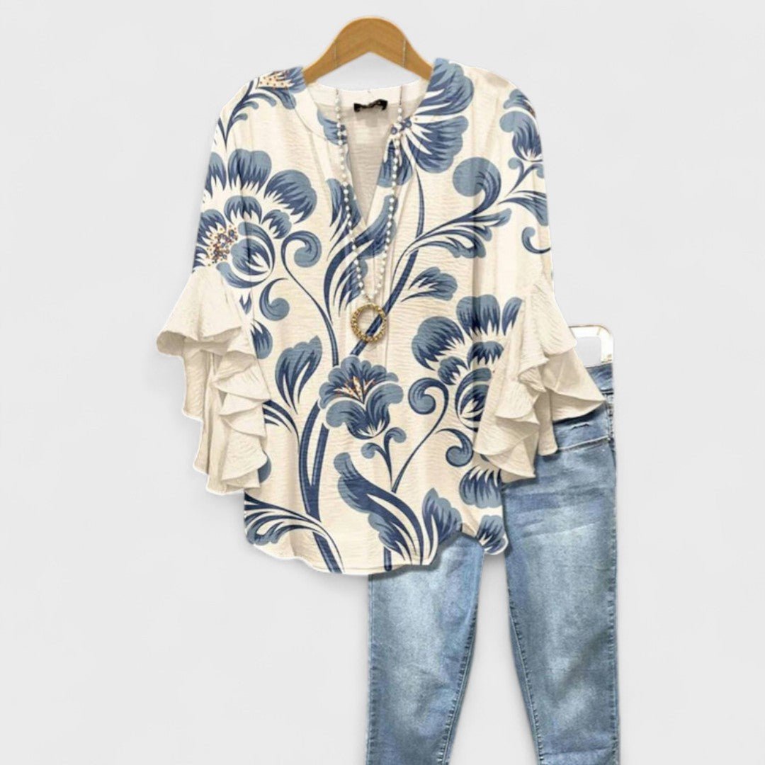 Clara | Damen Leichte Bluse Blumenprint V-Ausschnitt Rüschenärmel