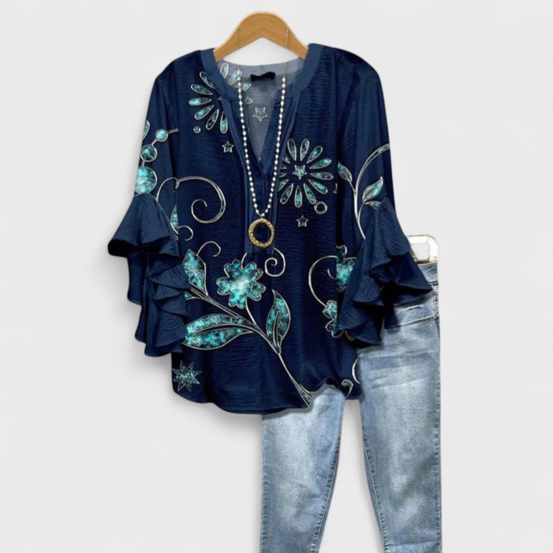 Clara | Damen Leichte Bluse Blumenprint V-Ausschnitt Rüschenärmel