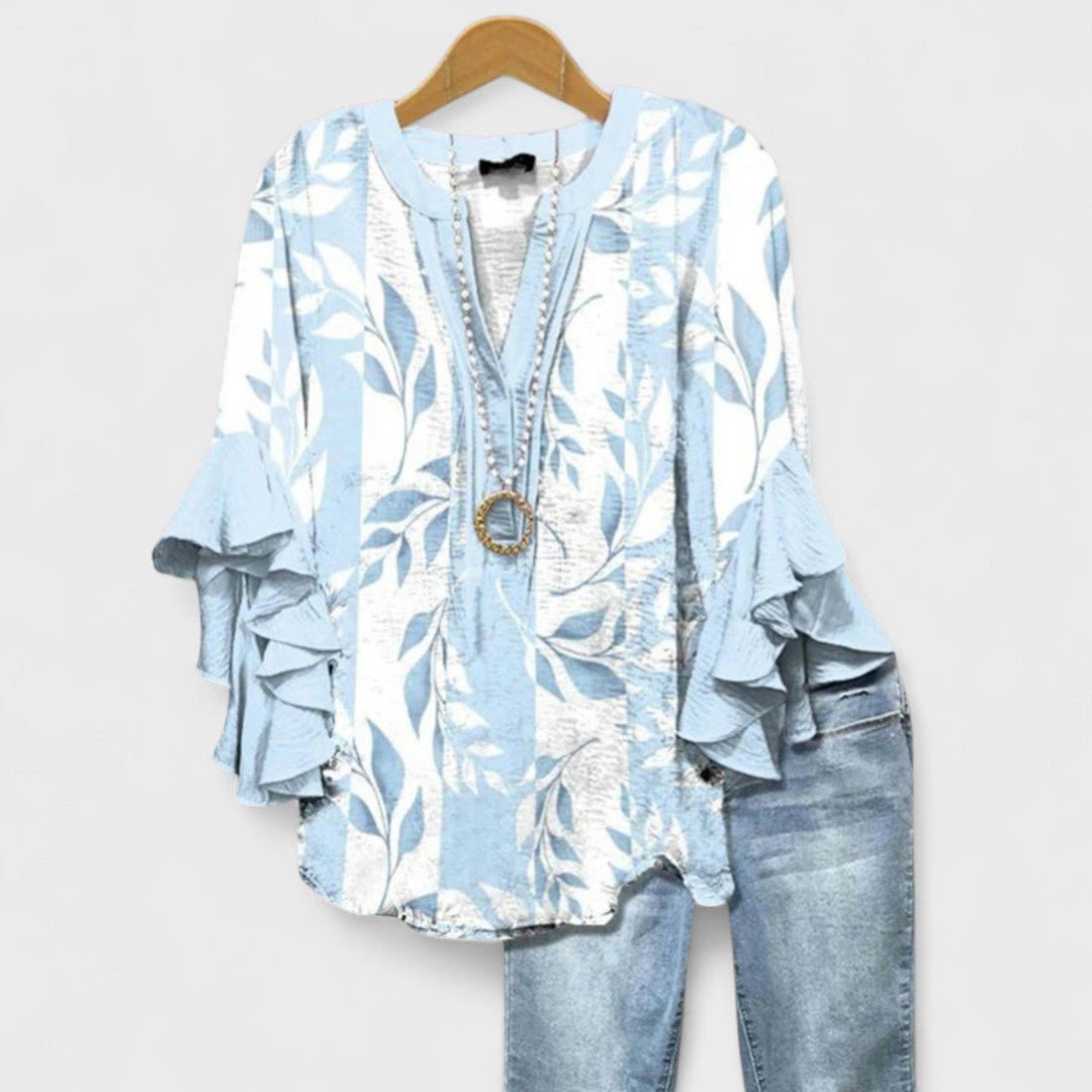 Clara | Damen Leichte Bluse Blumenprint V-Ausschnitt Rüschenärmel
