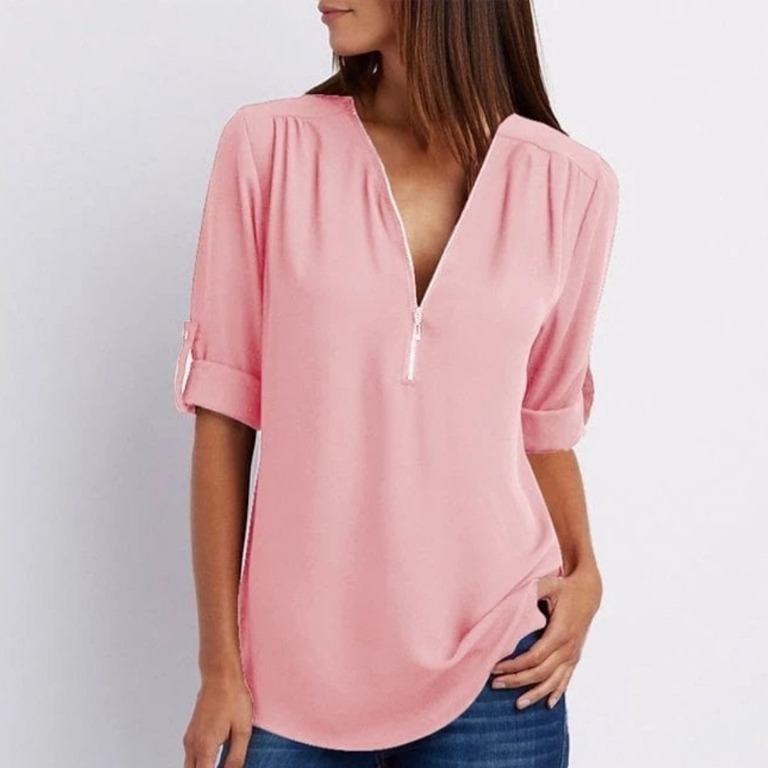 Marlene | Damen Leichte Zip-V-Ausschnitt Krempelarm-Bluse
