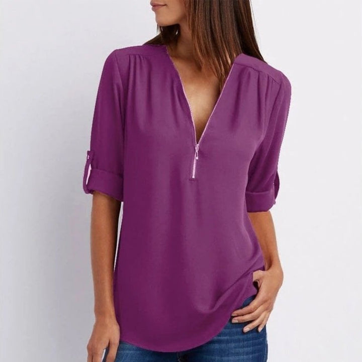 Marlene | Damen Leichte Zip-V-Ausschnitt Krempelarm-Bluse