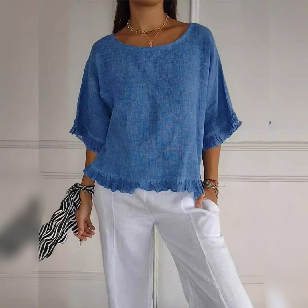 Luisa | Damen Leinen-Bluse mit Rüschenabschluss und Halbarm