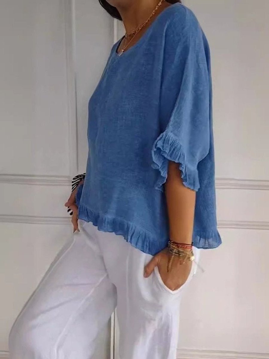 Luisa | Damen Leinen-Bluse mit Rüschenabschluss und Halbarm