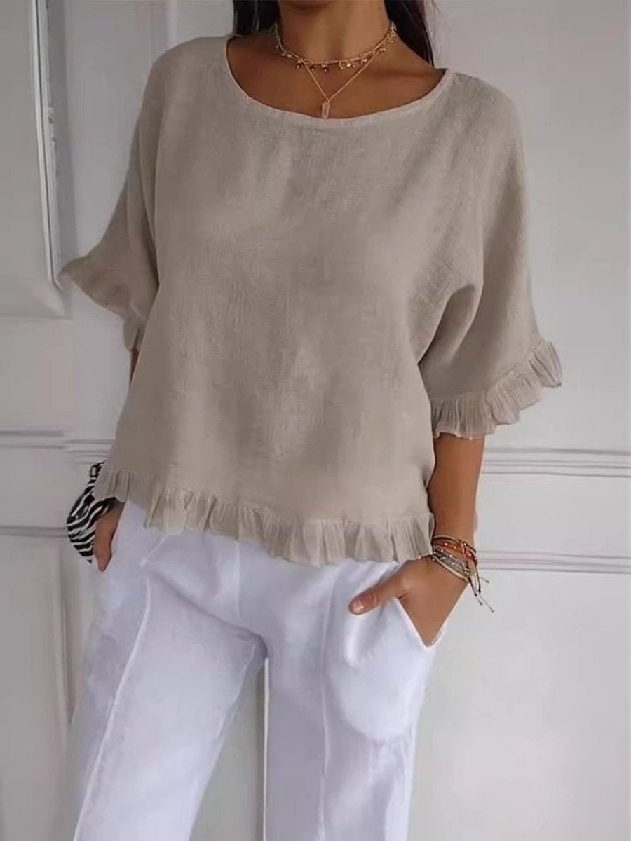 Luisa | Damen Leinen-Bluse mit Rüschenabschluss und Halbarm