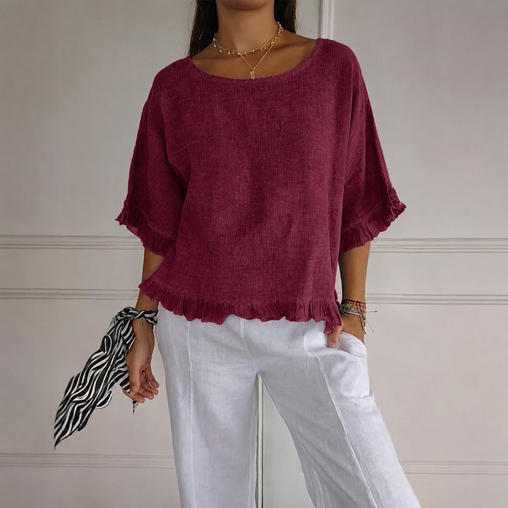 Luisa | Damen Leinen-Bluse mit Rüschenabschluss und Halbarm