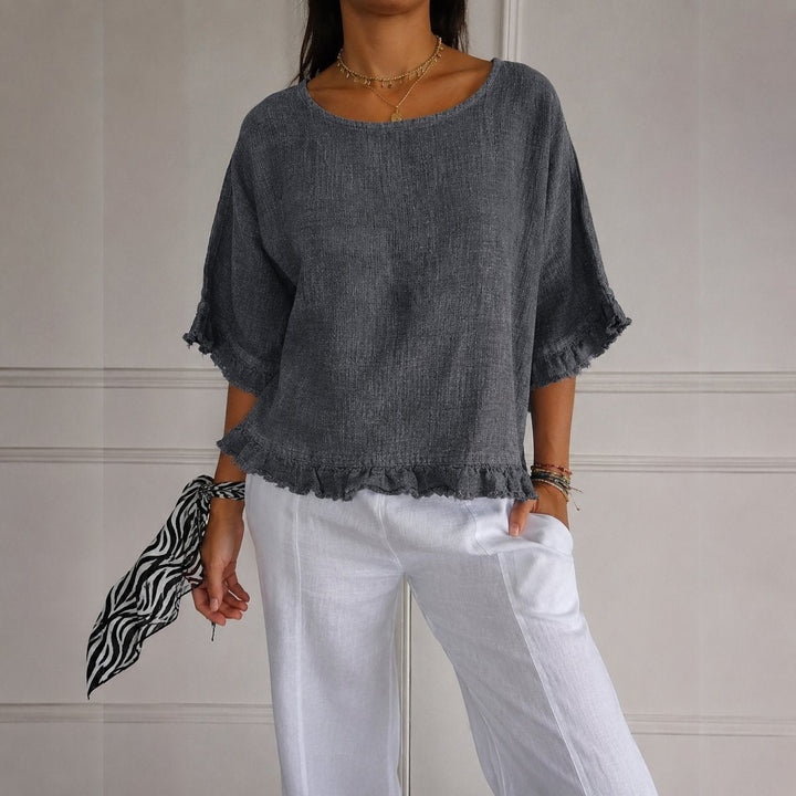 Luisa | Damen Leinen-Bluse mit Rüschenabschluss und Halbarm