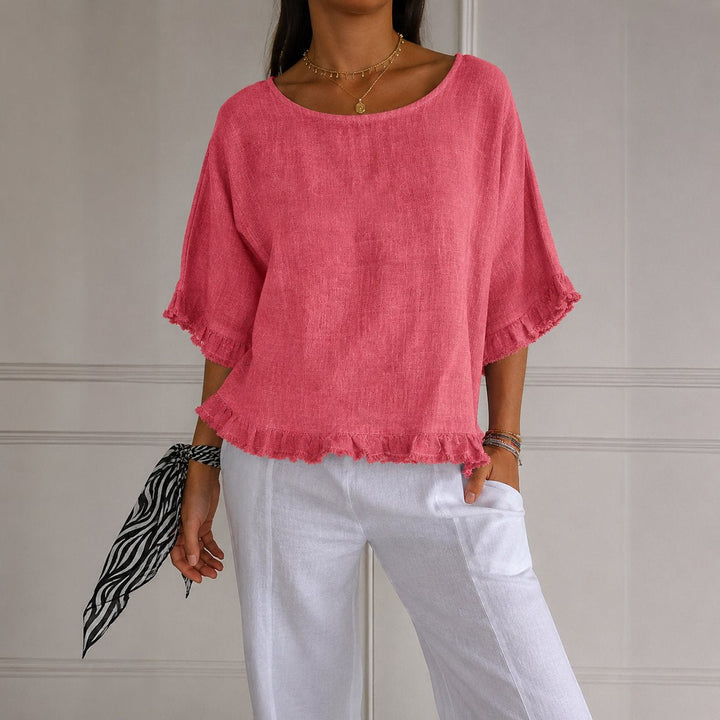 Luisa | Damen Leinen-Bluse mit Rüschenabschluss und Halbarm