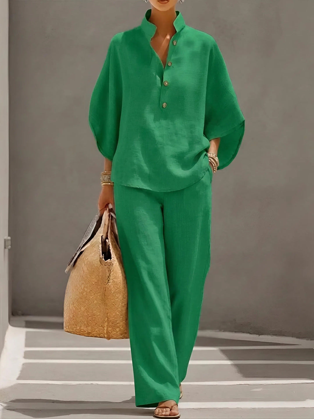 Lena | Damen Leinen Kimono-Ärmel Bluse und Weite Hose Set