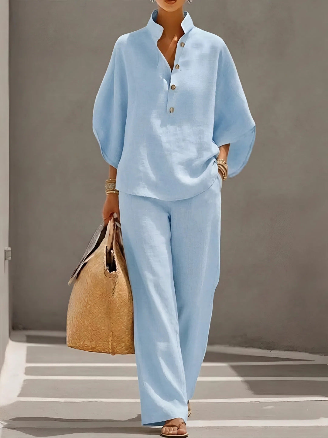 Lena | Damen Leinen Kimono-Ärmel Bluse und Weite Hose Set